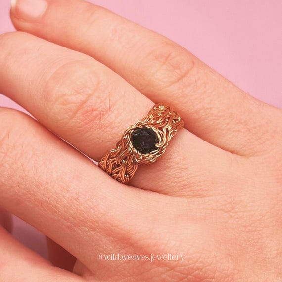 Unique Sapphire Gold Ring: Hand-knitted 18k gold plated wire blue gemstone ring, one-of-a-kind handmade jewellery gift for her Valentine’s