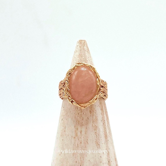 Hand-knitted Gold Rose Quartz Cocktail Ring: Pink Crystal Jewellery, Unique Vintage Inspired Gemstone Ring, Handmade Gift for Her