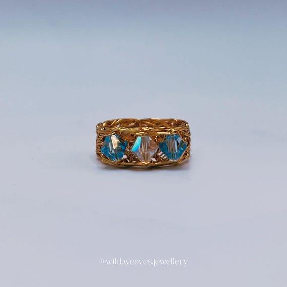 Knitted Multi Stone Ring with Blue Crystals: unique 18k gold plated wire Swarovski ring, handmade jewellery gift for her Valentine’s