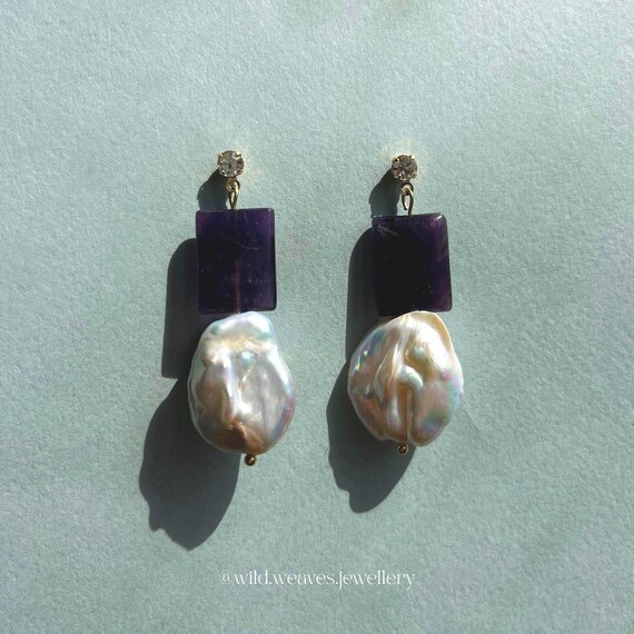 Amethyst & Pearl Chunky Drops: 18k Gold Plated Dangle Earrings with Keshi Pearls, Cubic Zircoania, Elegant Handmade Jewellery Idea for Her