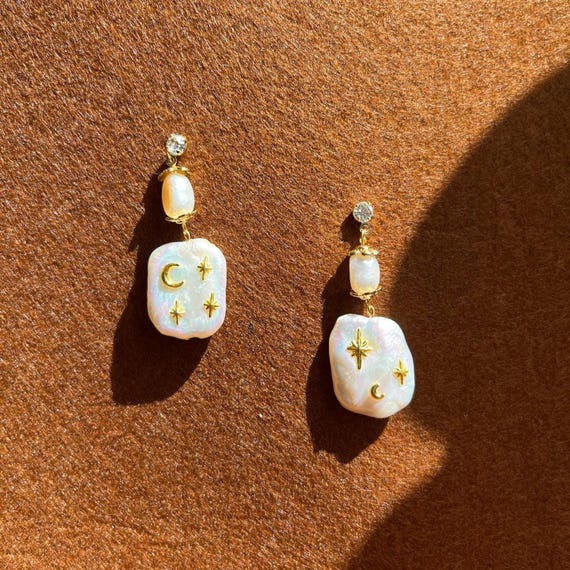 Baroque Pearl Dangle Earrings: Gold Plated Cubic Zirconia Earrings, Moon & Stars Wedding Jewelry, Statement Handmade Gifts for Her