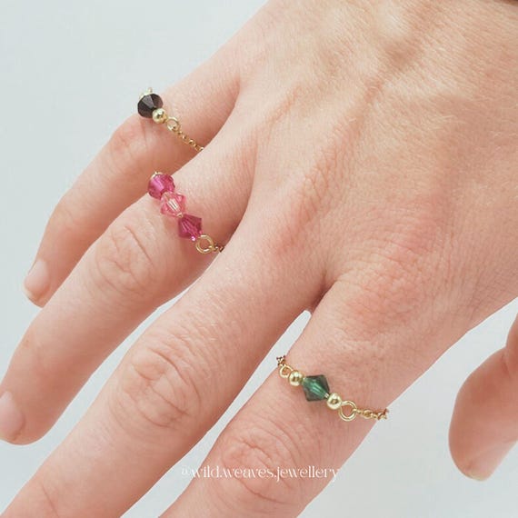 Dainty Gold Swarovski Mini Rings: Plated Stainless Steel Colourful Crystal Chain Rings, Handmade Festive Jewellery Gift for Her