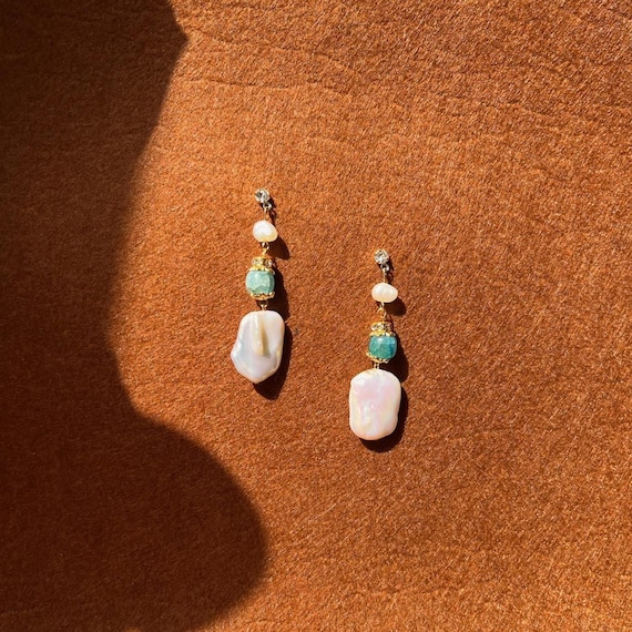 Turquoise Pearl Long Earrings: Gold Plated Boho Drops with Real Keshi Pearls, Cubic Zirconia & Agate, Handmade Jewelry Gift for Her