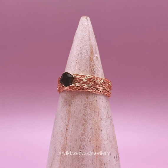 Dainty Gold Ring with Black Gemstone: Hand-knitted 18k gold plated wire Swarovski ring, crystal jewellery gift for her Valentine’s