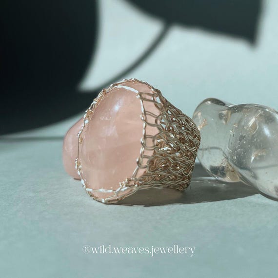 Hand-knitted Silver Statement Rose Quartz Ring: 925 Silver Plated Wire Gemstone Cocktail Ring, Bold Handmade Jewellery Gift for Women