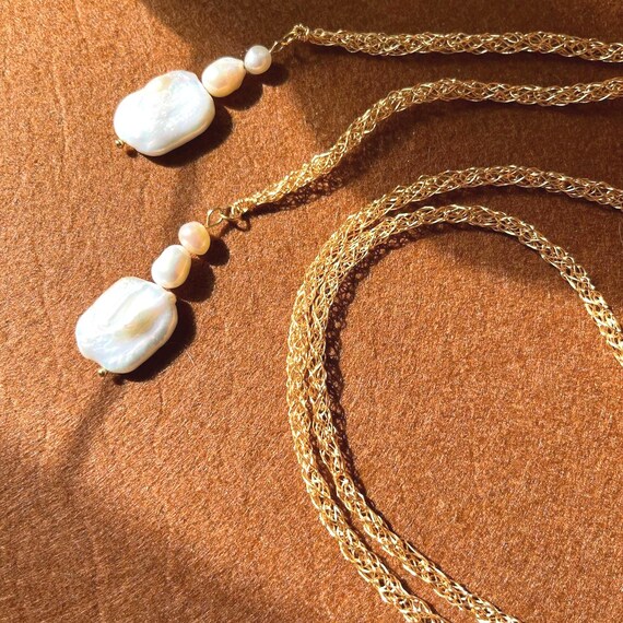 Hand-knitted Long Pearl Necklace: 18k Gold plated Freshwater Wrap Choker, Elegant Handmade Wire Jewellery Gift for Her