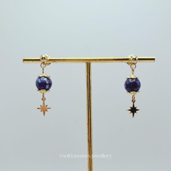 Gold Star Earrings: Plated Blue Crystal Drops, Handmade Birthstone Celestial Festive Jewellery Gift for Her