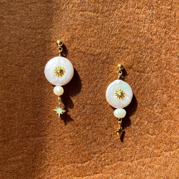 Gold Sun & Keshi Pearl Dangle Earrings: 24k Gold Plated Celestial Boho Jewelry, Coin Pearl Drop Earrings, Summer Statement Gift