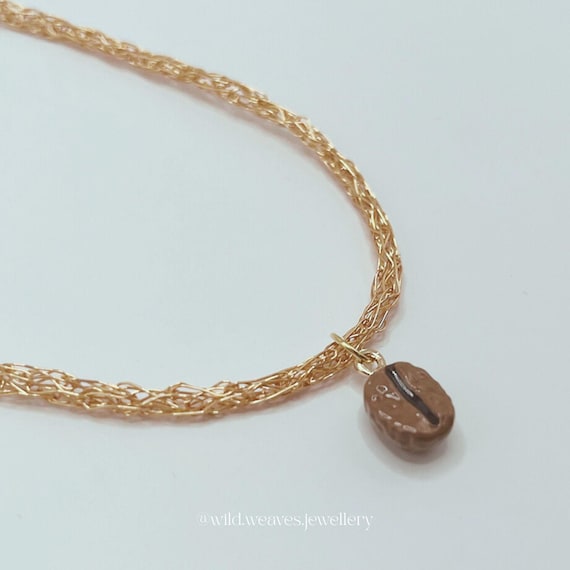 Gold Coffee Bean Choker: Handmade Gold Plated Pendant Necklace, Crochet Wire Chain, Minimal Dainty Gift for Her