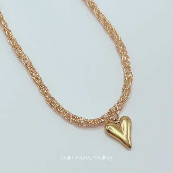 Gold Heart Crochet Choker Necklace: Stainless Steel Charm with Handknitted Gold Plated Wire Chain, Handmade Festive Gift for Her & Family