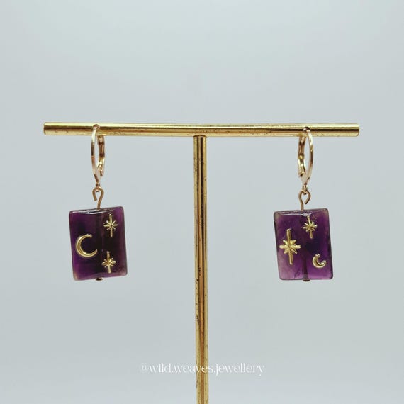 Gold Moon Star Earrings: 24k Gold Plated Dangles, Rectangular Amethyst Crystal Drop Hoops, Handmade Dainty Jewellery Gift for Her & for Him