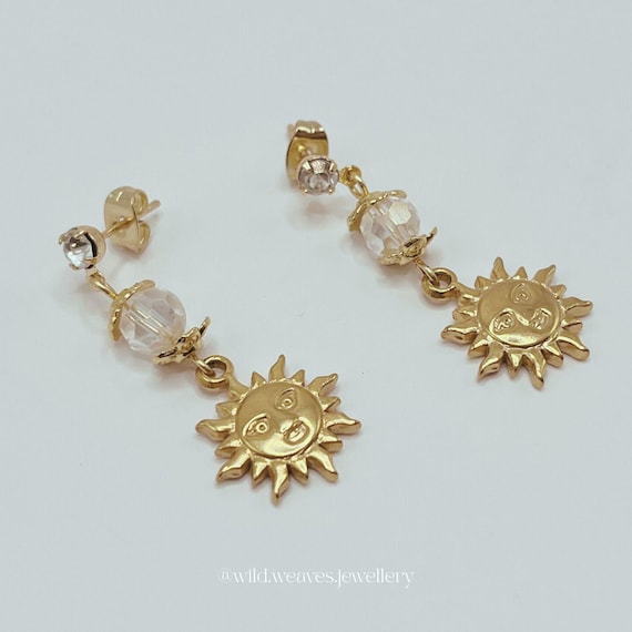 Gold Sun Earrings: Plated Clear Crystal Drops, Handmade Celestial Festive Jewellery Gift for Her