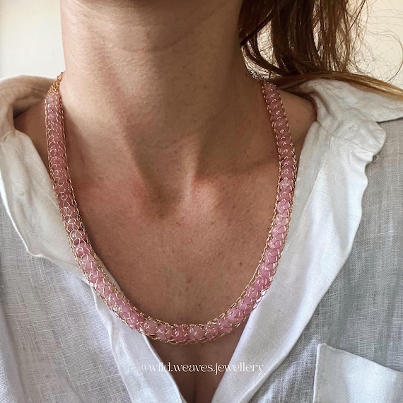 Pink Jade Beaded Necklace: 18k Gold Plated Wire Hand-knitted Necklace, Handmade Statement Gemstone Jewelry Gift for Her