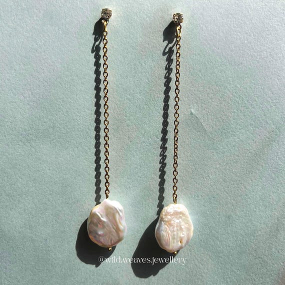 Long Keshi Pearl Drop Earrings: 18k Gold Plated Chain, Cubic Zirconiania Studs, Wedding Jewellery, Handmade Gift for Her