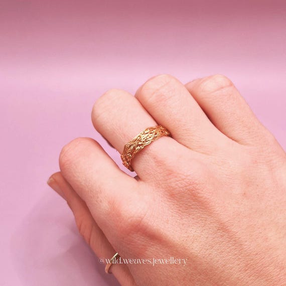 Hand-knitted Gold Band Ring: 18k Gold Plated Unisex Ring, Textured Minimalist Handmade Jewellery, Unique Valentine’s Gift for Her & Him