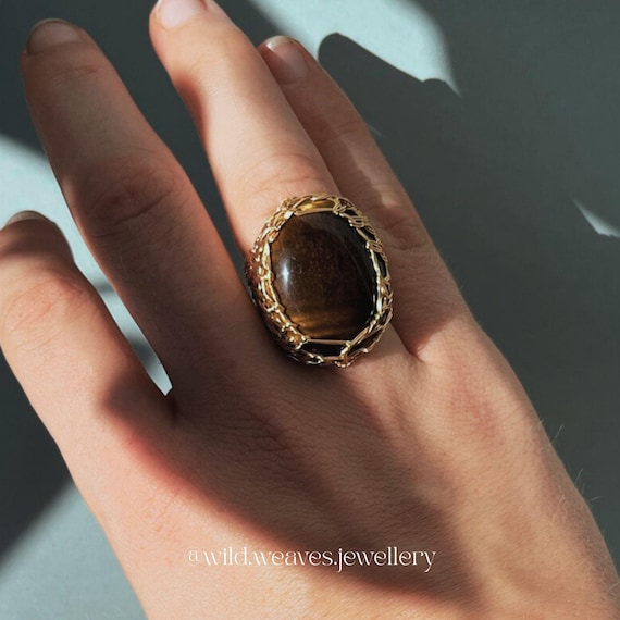 Gold Hand-Knitted Statement Ring with Tiger Eye: Handmade Gemstone Cocktail Ring, Bold Vintage Style Gold Plated Gifts for Women & Men