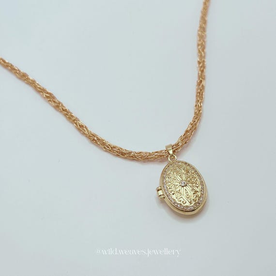 Gold Locket Necklace: Fine Oval Pendant Necklace with Handknitted Gold Plated Wire Chain, Handmade Festive Gift for Her & Family
