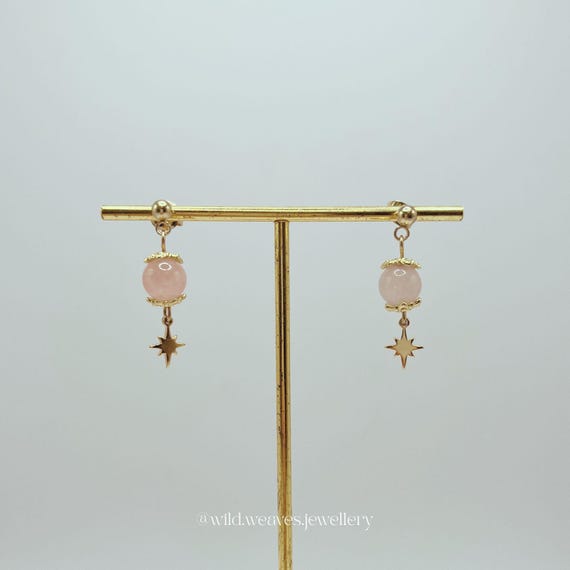 Pink Gold Star Earrings: Plated Rose Quartz Drops, Handmade Birthstone Celestial Festive Jewellery Gift for Her