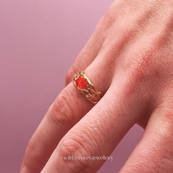 Dainty Gold Ring with Red Gemstone: Hand-knitted 18k gold plated wire Swarovski ring, crystal jewellery gift for her Valentine’s