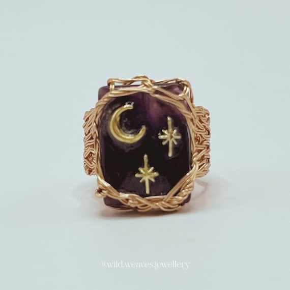 Hand-knitted Gold Amethyst Cocktail Ring: Moon Star Jewellery, Large Crystal Statement Ring, Handmade Gift for Her & Him