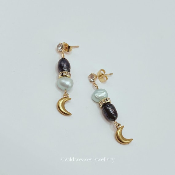 Gold Moon Pearl Earrings: Blue Plated Drops with Dyed Pearls & Cubic Zirconia, Handmade Celestial Festive Jewellery Gift for Her