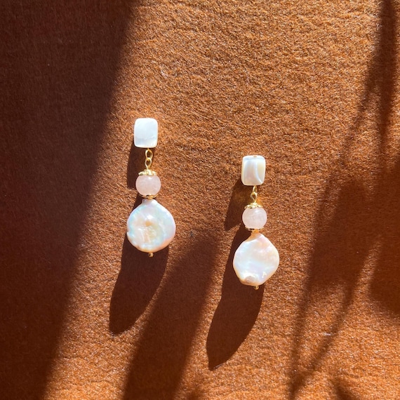 24k Gold Plated Pearl Drop Earrings with Rose Quartz and Mother of Pearl | Handmade Bridal Statement Jewellery | Dainty Gift for Her
