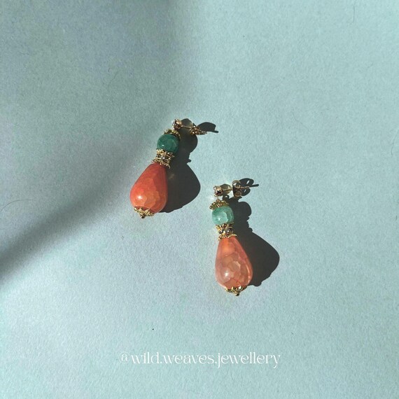 Orange & Green Agate Showgirl Drops: 18k Gold Plated Dangle Earrings with Cubic Zirconia, Handmade Statement Jewellery Gift for Swifties