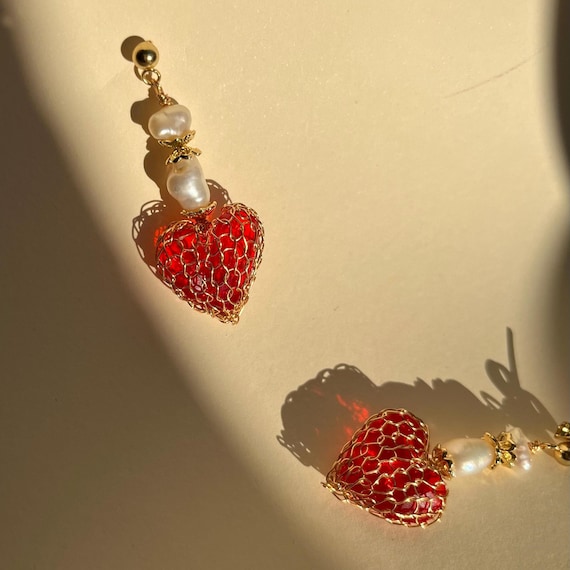 Hand-knitted Gold Heart Dangle Earrings: Red Glass & Baroque Pearl, 18k Gold Plated Handmade Drops, Romantic Jewellery Gift for Her