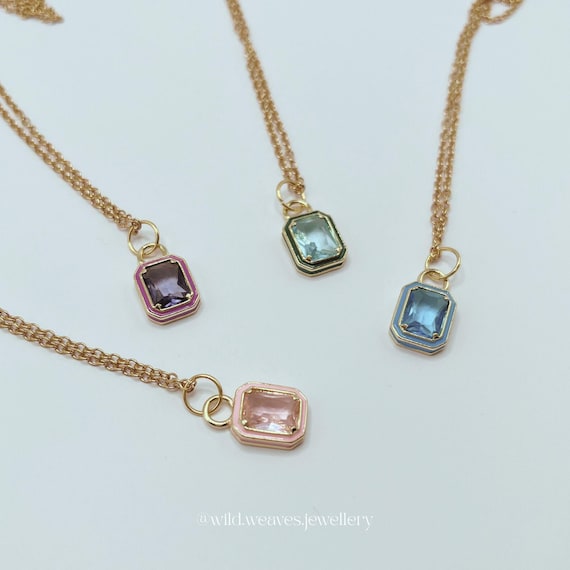 Gold Crystal Necklace: Colourful Rectangular Crystal Pendant, Dainty Stainless Steel Chain, Handmade Jewellery Gift for Her & Him