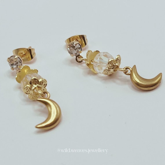 Gold Moon Earrings: Plated Clear Crystal Drops, Handmade Celestial Festive Jewellery Gift for Her