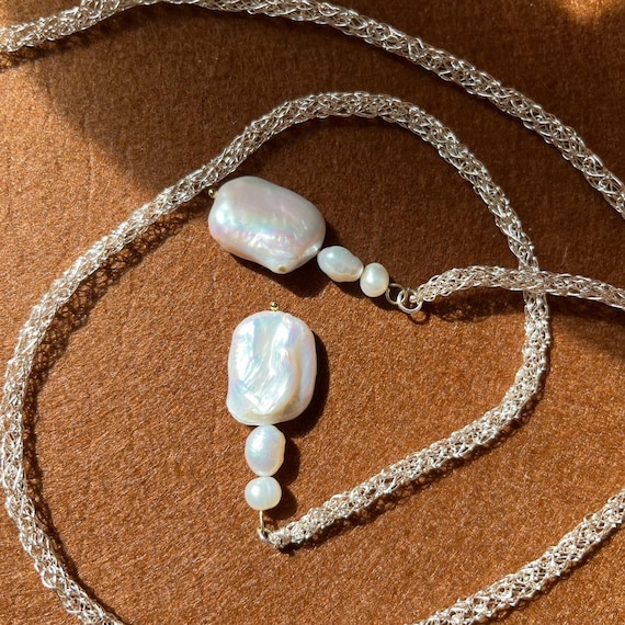 Long Silver Wrap Necklace: Hand-knitted Sterling Silver plated Freshwater Pearl Boho Choker, Handmade Jewellery Gift for Her
