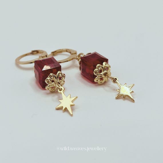 Gold Star Hoop Earrings with Red Swarovski Crystals: Gold Plated Celestial Huggie Drops, Handmade Festive Jewellery Gift for Her