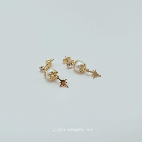 Gold Star Earrings: Plated Pearl Drops with Cubic Zirconia, Handmade Celestial Festive Jewellery Gift for Her