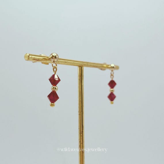 Dainty Gold Swarovski Mini Drops: Plated Stainless Steel Red Crystal Earrings, Handmade Festive Jewellery Gift for Her & Family