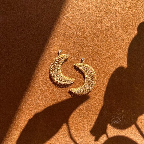 Knitted Moon Gold Dangles: 18K Gold Plated Crescent Celestial Statement Earrings with Cubic Zirconia, Handmade Boho Jewelry Gift for Her