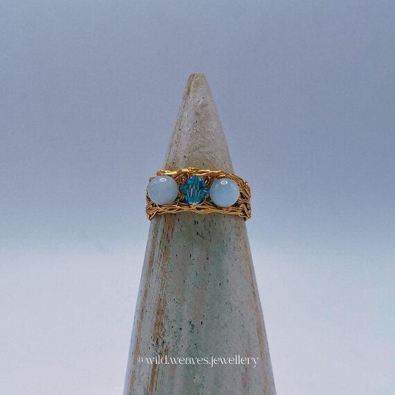 Knitted Multi Stone Ring with Aquamarine: unique 18k gold plated wire blue Swarovski ring, handmade crystal jewellery gift for her