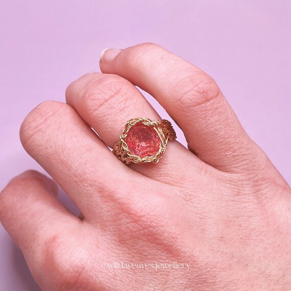 Gold Diamond Ring with Pink Crystal Gemstone: Hand-knitted 18k Gold Plated Wire Cocktail Ring, Elegant Jewelry Gift for Her Valentine’s