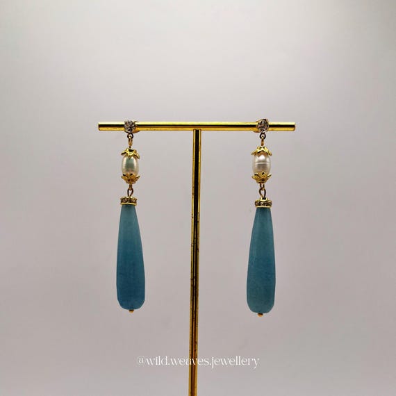 Blue Jade Drop Earrings with Pearls: Handmade 18k Gold Plated Dangle Earrings, Elegant Statement Jewellery Gift for Her