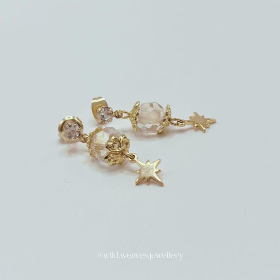 Gold Star Earrings: Plated Clear Crystal Drops, Handmade Celestial Festive Jewellery Gift for Her