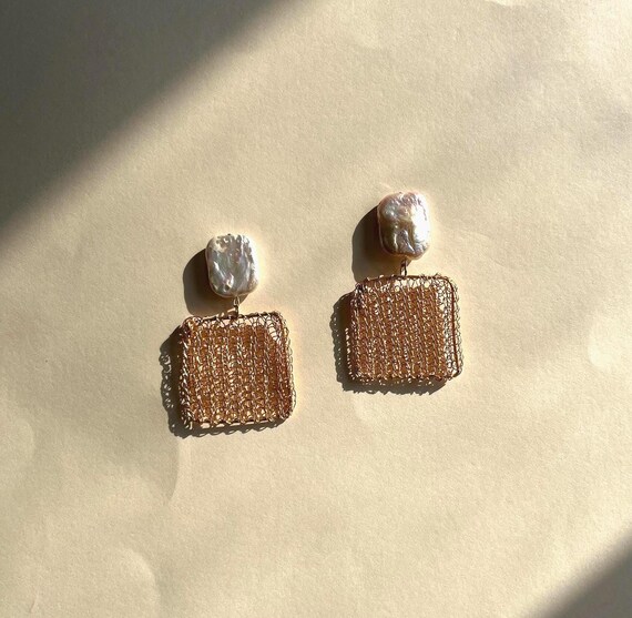 Gold Square Pearl Statement Earrings: Hand-knitted 18k gold plated wire Keshi Drops, Maxi Sculptural Handmade Jewellery Gift for Her