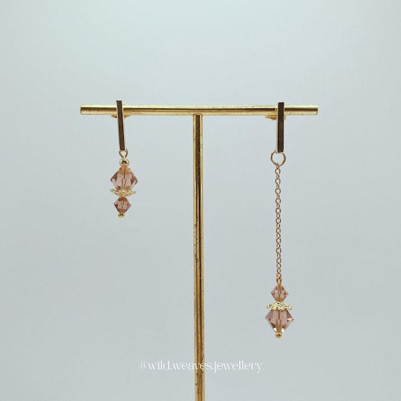 Gold Swarovski Asymmetrical Earrings: Plated Stainless Steel Colourful Crystal Drops, Handmade Festive Jewellery Gift for Her & Family