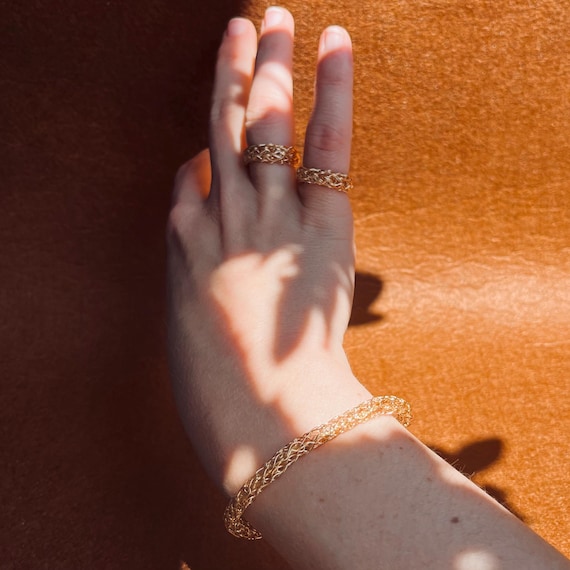 Hand-knitted Croissant Ring: 18k Gold Plated Woven Wire Band, Dainty Minimalist Gold Midi Ring, Handmade Stacking Statement Jewelry