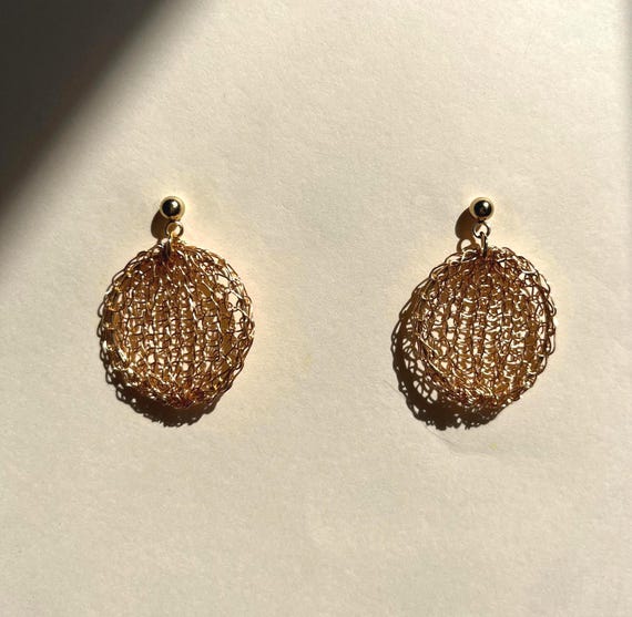Hand-knitted Gold Circle Earrings: 18k Gold plated Wire Dangles, Artisan Discs Drops, Handmade Vintage Inspired Jewellery Gifts for Her