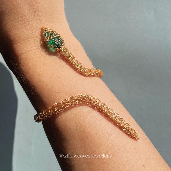 18k Gold Snake Cuff with Emerald Green Stone: Handmade Knitted Wire Gold Bracelet, Statement Serpentine Jewelry Gift for Her