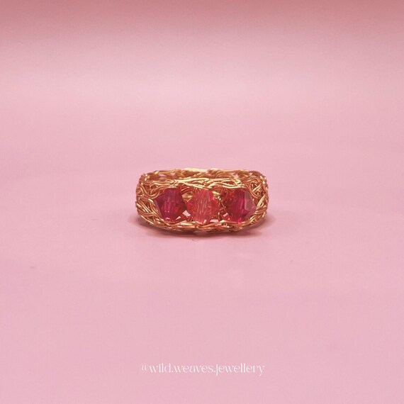 Knitted Multi Stone Ring with Pink Crystals: unique 18k gold plated wire Swarovski ring, handmade jewellery gift for her Valentine’s