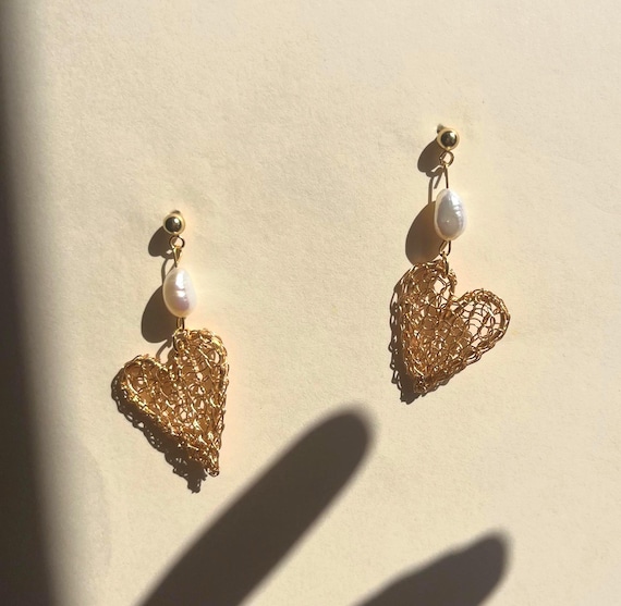 Gold Drop Earrings with Baroque Pearl | 24k Gold-Plated Handmade Earrings | Dainty Artisan Pearl Heart Dangle Gift for Her