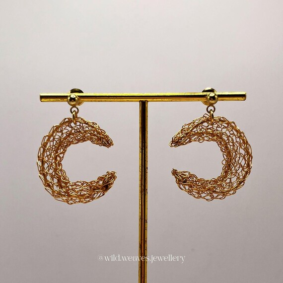 Knitted Moon Earrings: 18K Gold Plated Crescent Celestial Statement Dangles, Handmade Boho Jewellery Gift for Her