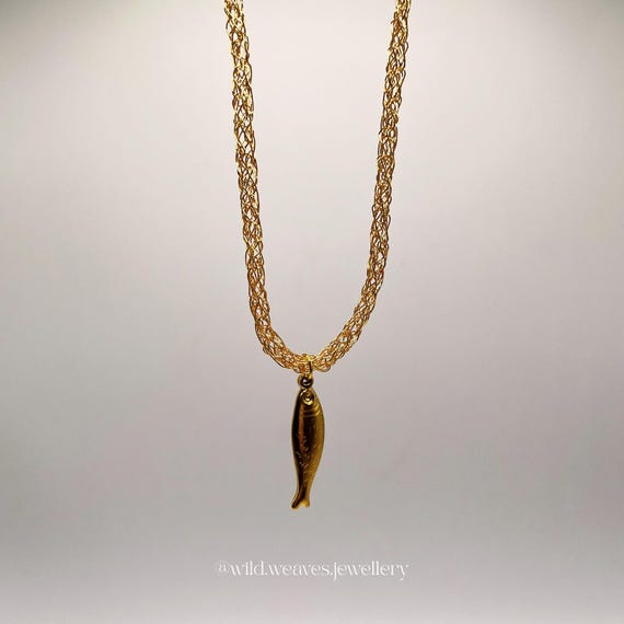 Hand-knitted Fish Charm Necklace: Handmade 18k Gold Plated Wire Pendant, Unique Ocean Inspired Jewelry Gift for Crochet Lover