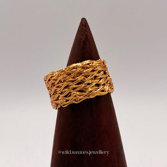 Chunky Textured Gold Ring: Hand-Knitted 18k Gold Plated Band, Handmade Stackable Wide Ring, Statement Jewellery Gift for Her
