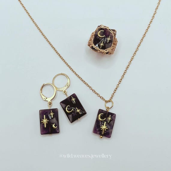 Gold Amethyst Moon & Stars Jewellery Set: Hand-knitted Plated Ring, Purple Crystal Necklace and Earrings, Handmade Celestial Gift for Her
